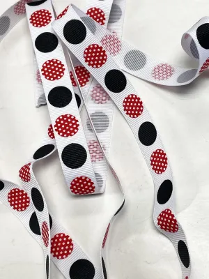 4  YD Polyester Grosgrain Ribbon - White with Black and Red Polka Dots