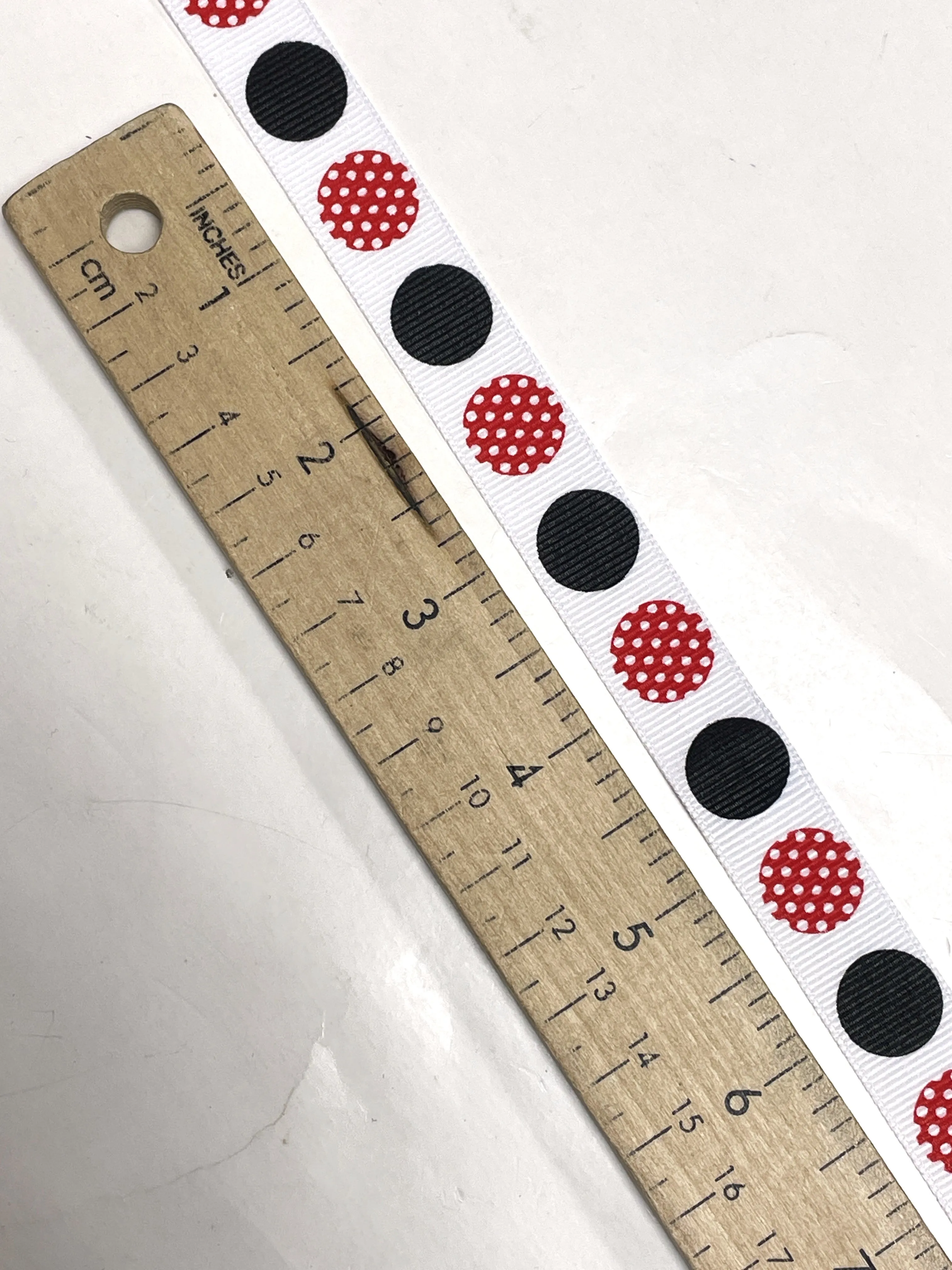 4  YD Polyester Grosgrain Ribbon - White with Black and Red Polka Dots