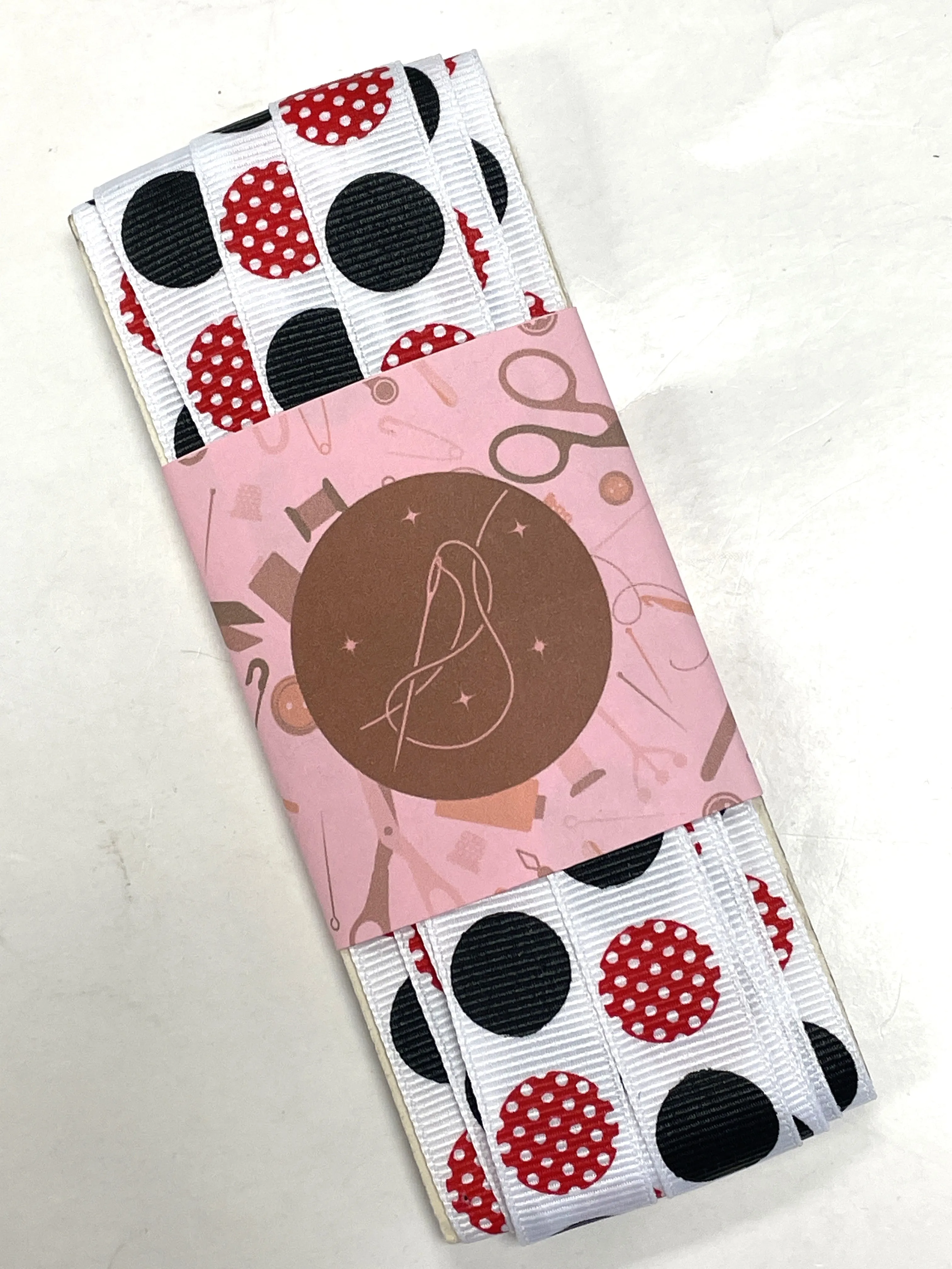 4  YD Polyester Grosgrain Ribbon - White with Black and Red Polka Dots