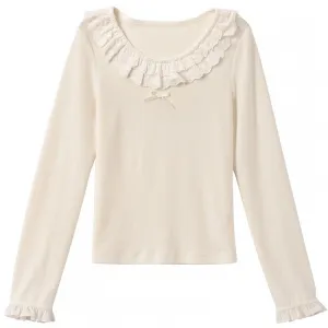 Beige Lace Trim Round Neck Slim-fit Top