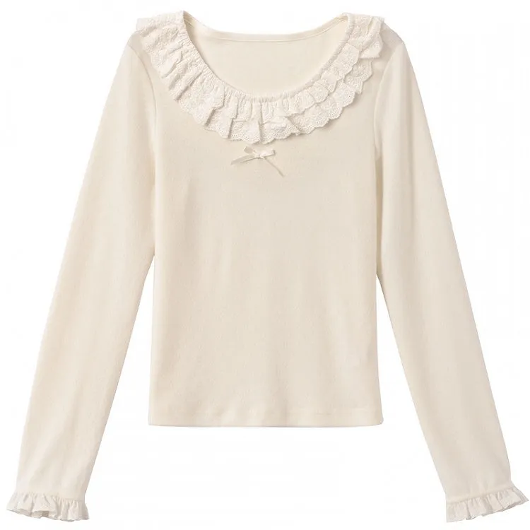 Beige Lace Trim Round Neck Slim-fit Top