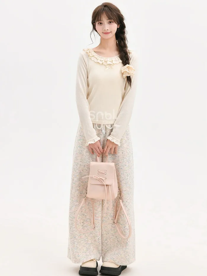 Beige Lace Trim Round Neck Slim-fit Top