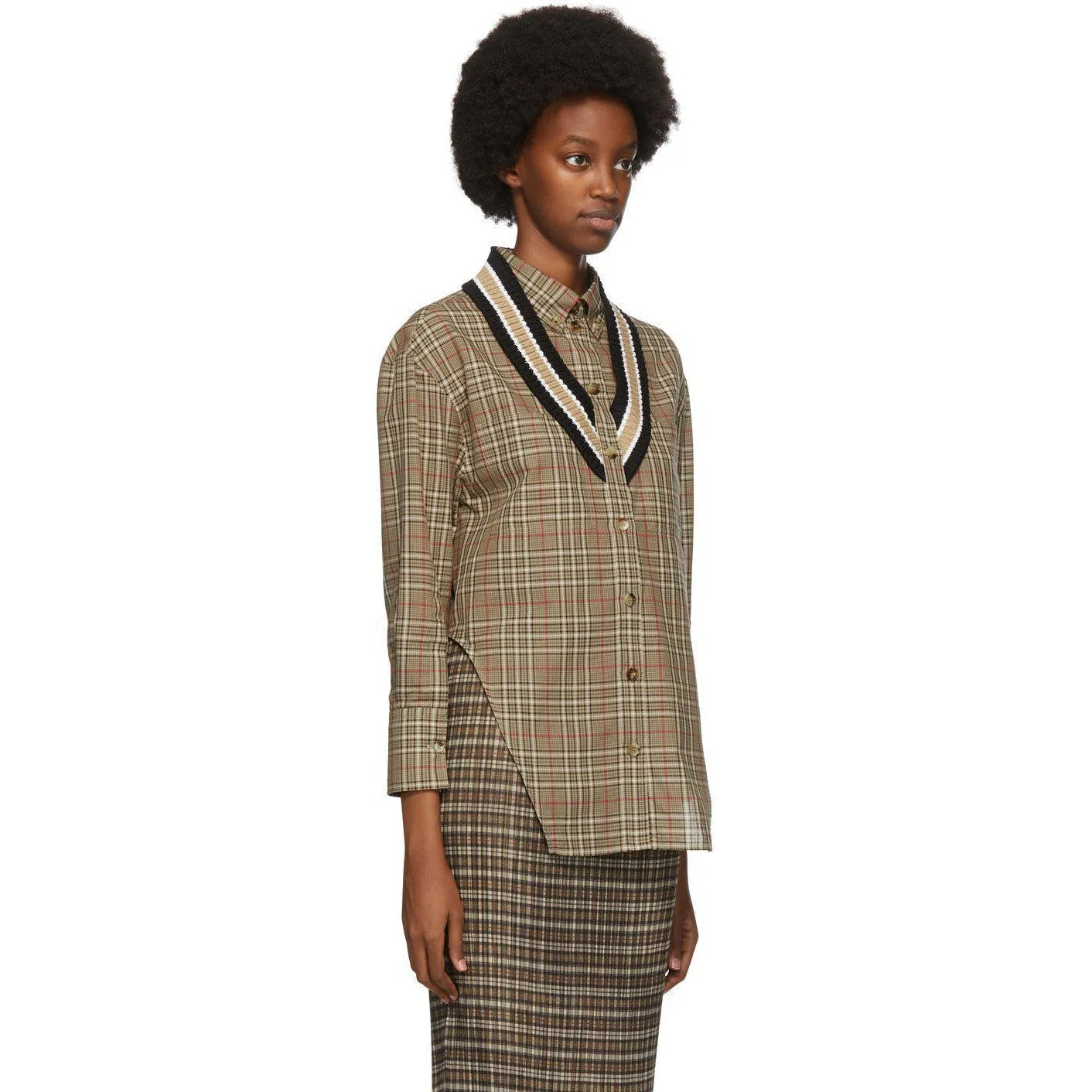 Burberry Beige Check Knit Trim Shirt