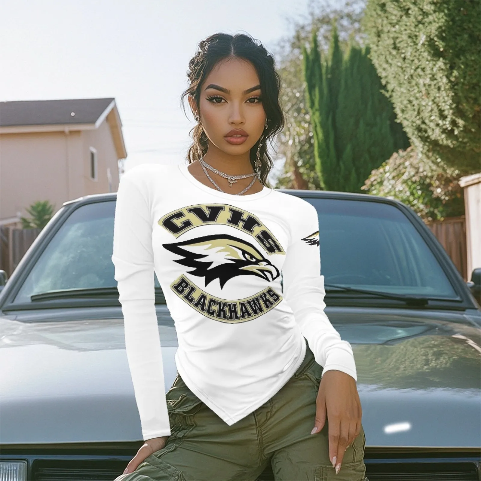 CVHS Blackhawks Rocker Women's Slim Fit Uneven Bottom Long Sleeved Shirt