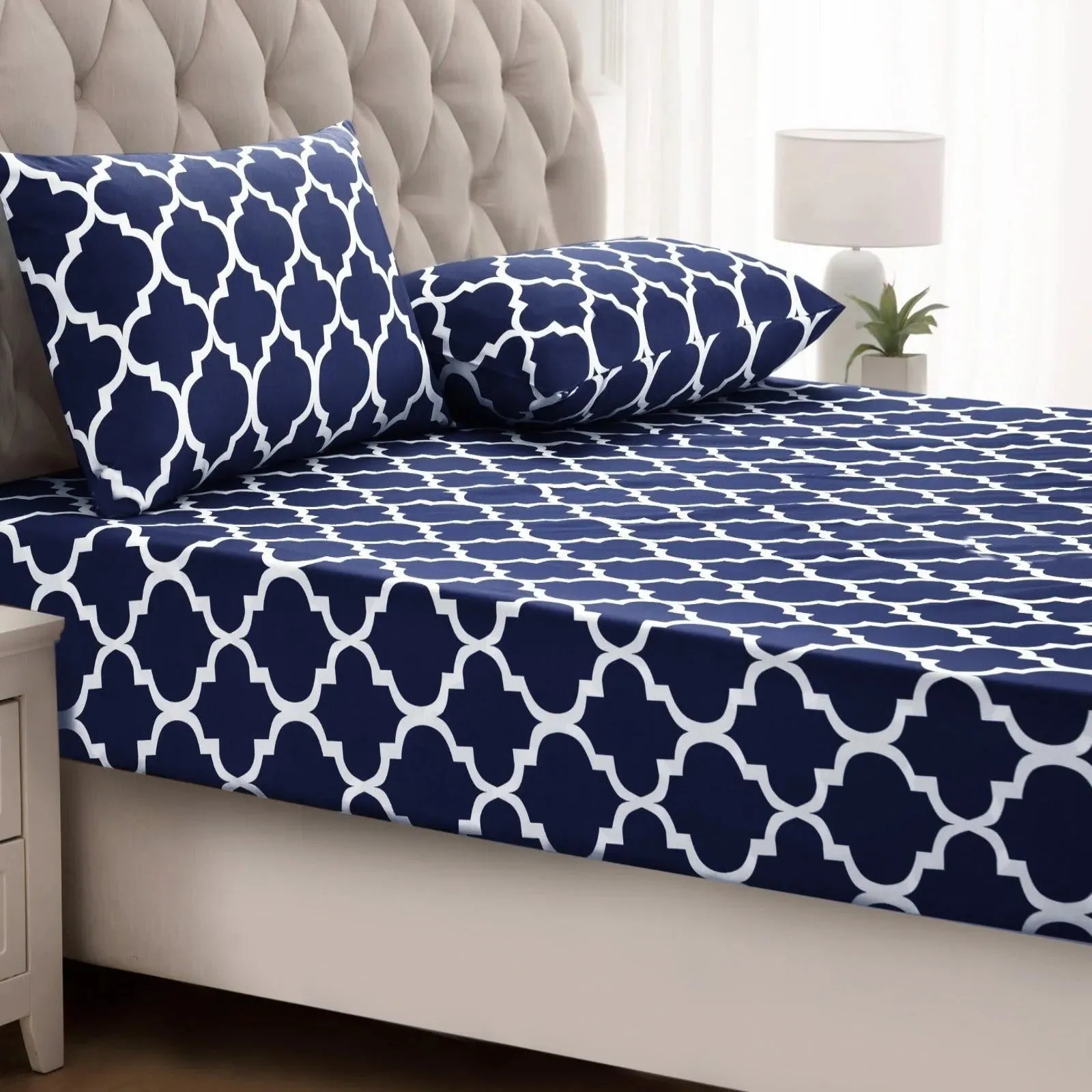 Fitted Bed Sheet-Blue Geometric