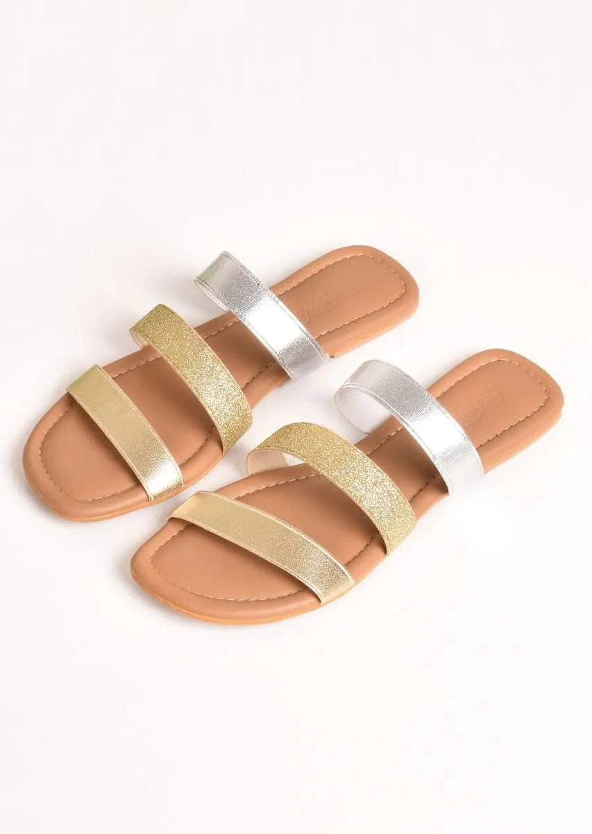 Gold And Silver Sliders With Elastic Glitter Straps By Sole House