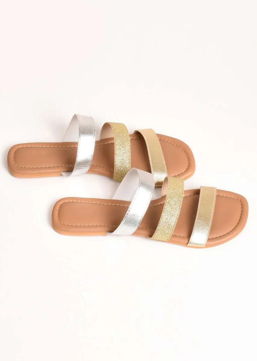 Gold And Silver Sliders With Elastic Glitter Straps By Sole House