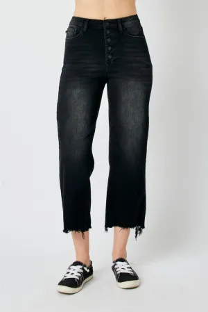 High Waist Destroy Raw Hem Crop Wide - Black