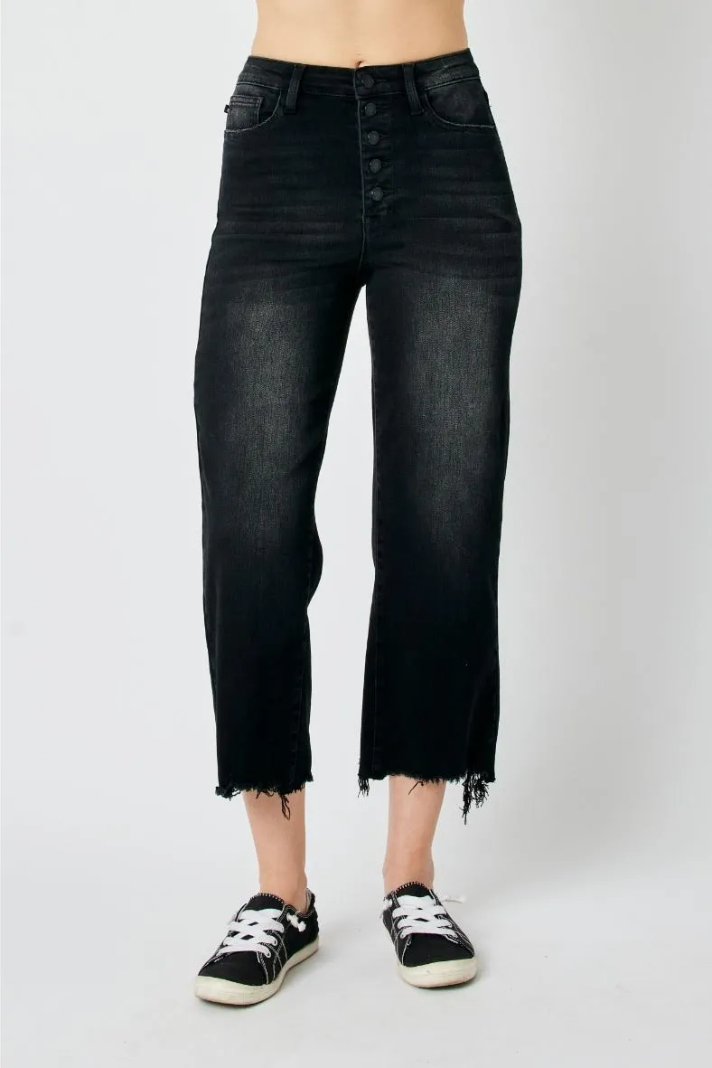High Waist Destroy Raw Hem Crop Wide - Black