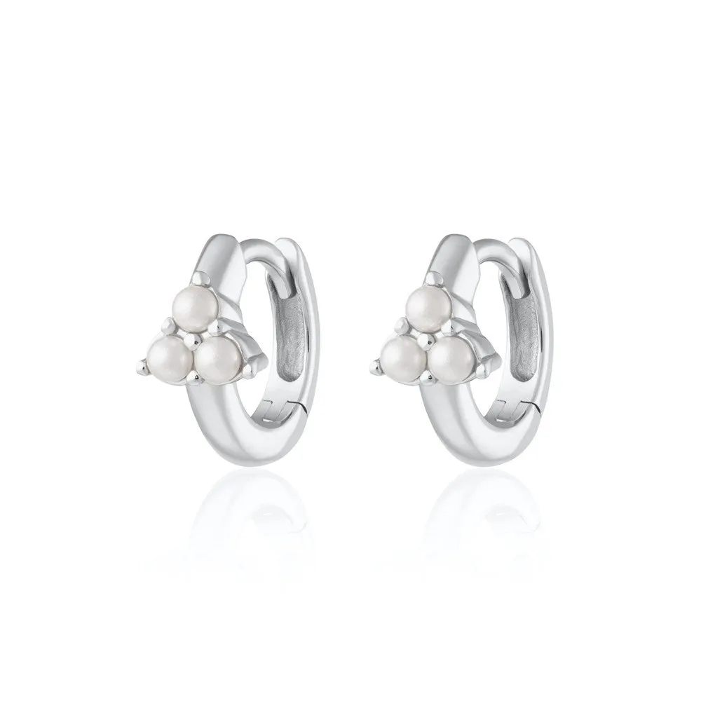 Pearl Trinity Huggie Hoop Earrings - Silver - SPS-37