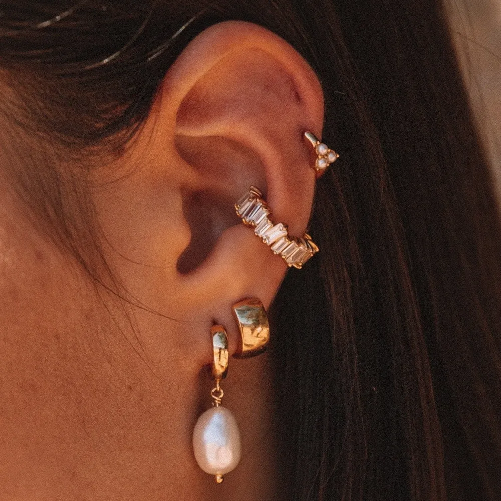 Pearl Trinity Huggie Hoop Earrings - Silver - SPS-37