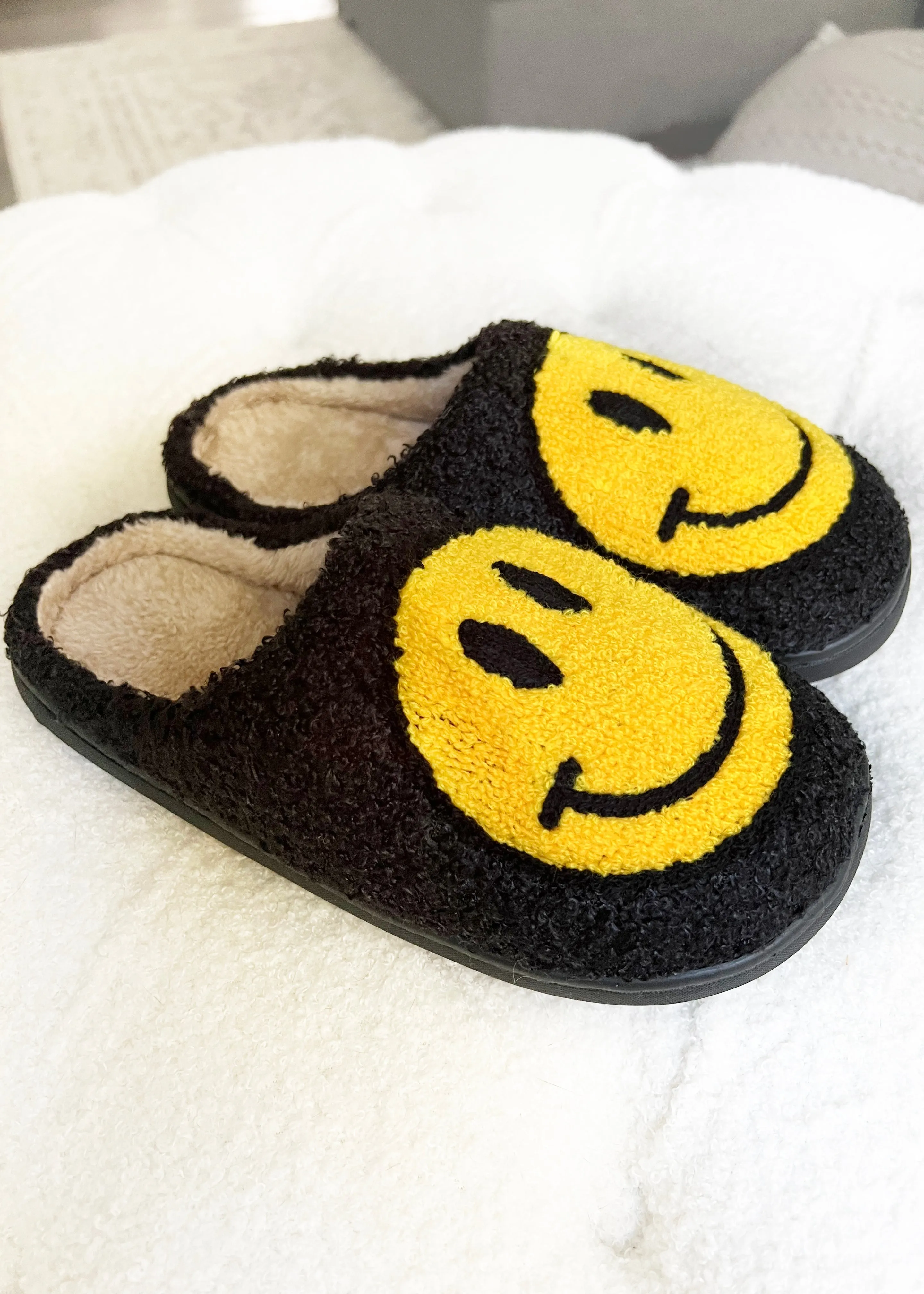 Smiley Face Slippers Black
