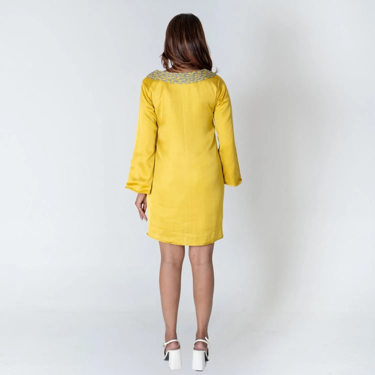 Yellow Collar Short Dress | Green Braid Embellished | Tailored fit | Eclectic