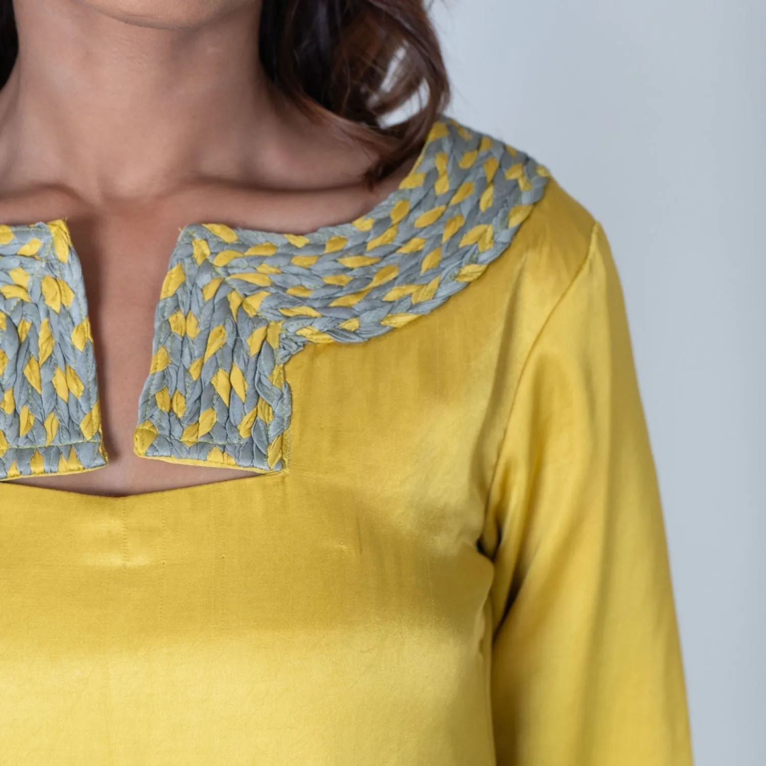 Yellow Collar Short Dress | Green Braid Embellished | Tailored fit | Eclectic