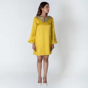 Yellow Collar Short Dress | Green Braid Embellished | Tailored fit | Eclectic